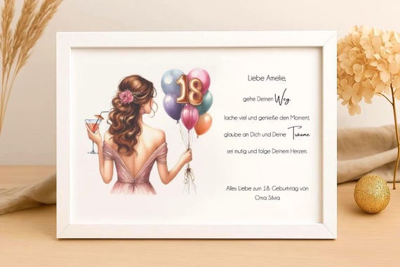 Personalisiertes 18. Geburtstag Geschenk Stilvoller Bilderrahmen für Mädchen mit Text & Illustration