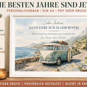 May include: A framed print featuring a watercolour-style illustration of a vintage teal van parked on a coastal road. The text reads: "Lieber Andreas, ALLES LIEBE ZUM 50. GEBURTSTAG, Bleib neugierig, reiselustig und wunderbar frei. Von Herzen, deine Familie."