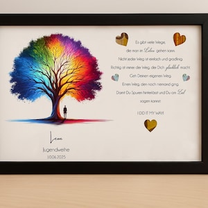 May include: A framed print with a colorful rainbow tree and a quote about finding your own path. The quote reads: "Es gibt viele Wege die man in Leben gehen kann. Nicht jeder Weg ist einfach und gradlinig. Richtig ist immer der Weg der Dich gl&uuml;cklich macht. Geh Deinen eigenen Weg. Einen Weg den noch niemand ging. Damit Du Spuren hinterl&auml;sst und Du am  sagen kannst. I DID IT MY WAY!" The print is signed "Leon" and dated "10.06.2025".