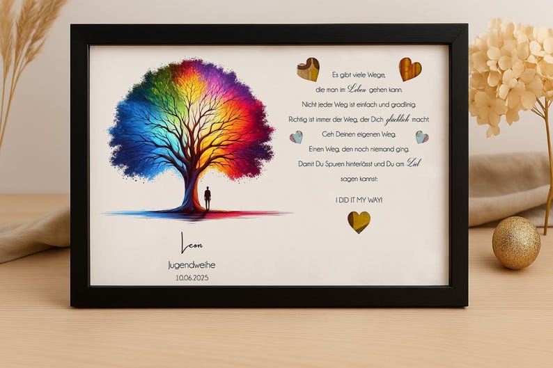 May include: A framed print with a colorful rainbow tree and a quote about finding your own path. The quote reads: "Es gibt viele Wege die man in Leben gehen kann. Nicht jeder Weg ist einfach und gradlinig. Richtig ist immer der Weg der Dich gl&uuml;cklich macht. Geh Deinen eigenen Weg. Einen Weg den noch niemand ging. Damit Du Spuren hinterl&auml;sst und Du am  sagen kannst. I DID IT MY WAY!" The print is signed "Leon" and dated "10.06.2025".