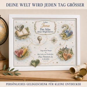 Puede incluir: Una impresión enmarcada con una ilustración de mapa y el texto DEINE WELT WIRD JEDEN TAG GRÖSSER, Lieber Jona Der Atlas deiner Möglichkeiten, Folge deiner Neugier, Alles Liebe zum Schulanfang, Deine Patentante Lea, 11.08.2026, PERSÖNLICHES GELDGESCHENK FÜR KLEINE ENTDECKER.