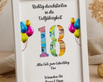 Regalo de cumpleaños número 18, regalo en efectivo personalizado, regalo de recuerdo para niña o niño que llega a la mayoría de edad, con marco de fotos con nombre, idea de regalo DIY