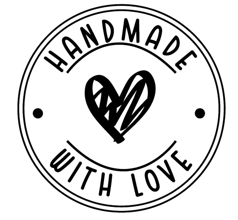 May include: Black and white circular stamp with the text "HANDMADE WITH LOVE" and a hand-drawn heart in the center.