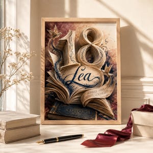May include: A framed wall art piece featuring a stylized number 18 formed from open book pages, with the name Lea written in blue script. The design includes paper birds, a dark blue book base, and the German text SCHREIB DEINE EIGENE GESCHICHTE.