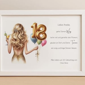 Może przedstawiać: Oprawiony wydruk z ilustracją kobiety z blond włosami trzymającej koktajl i balony. Balony zawierają złoty numer 18. Tekst w języku niemieckim jest r&oacute;wnież dołączony.