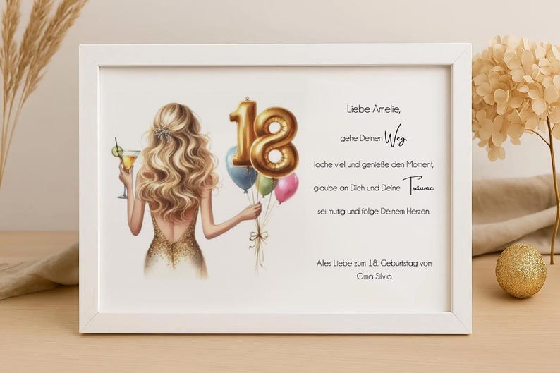 Może przedstawiać: Oprawiony wydruk z ilustracją kobiety z blond włosami trzymającej koktajl i balony. Balony zawierają złoty numer 18. Tekst w języku niemieckim jest r&oacute;wnież dołączony.