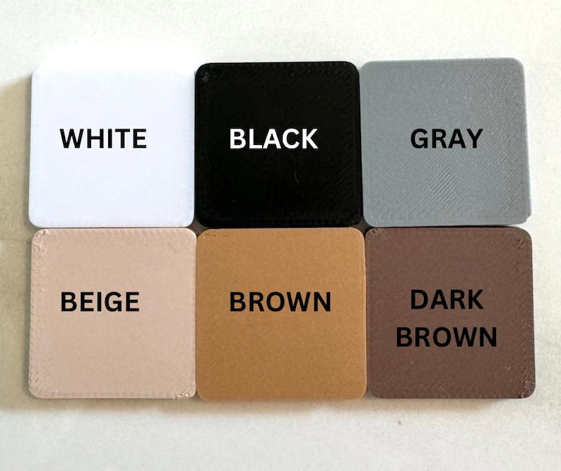 May include: Six colour swatches, each with a different colour name: white, black, grey, beige, brown, and dark brown.