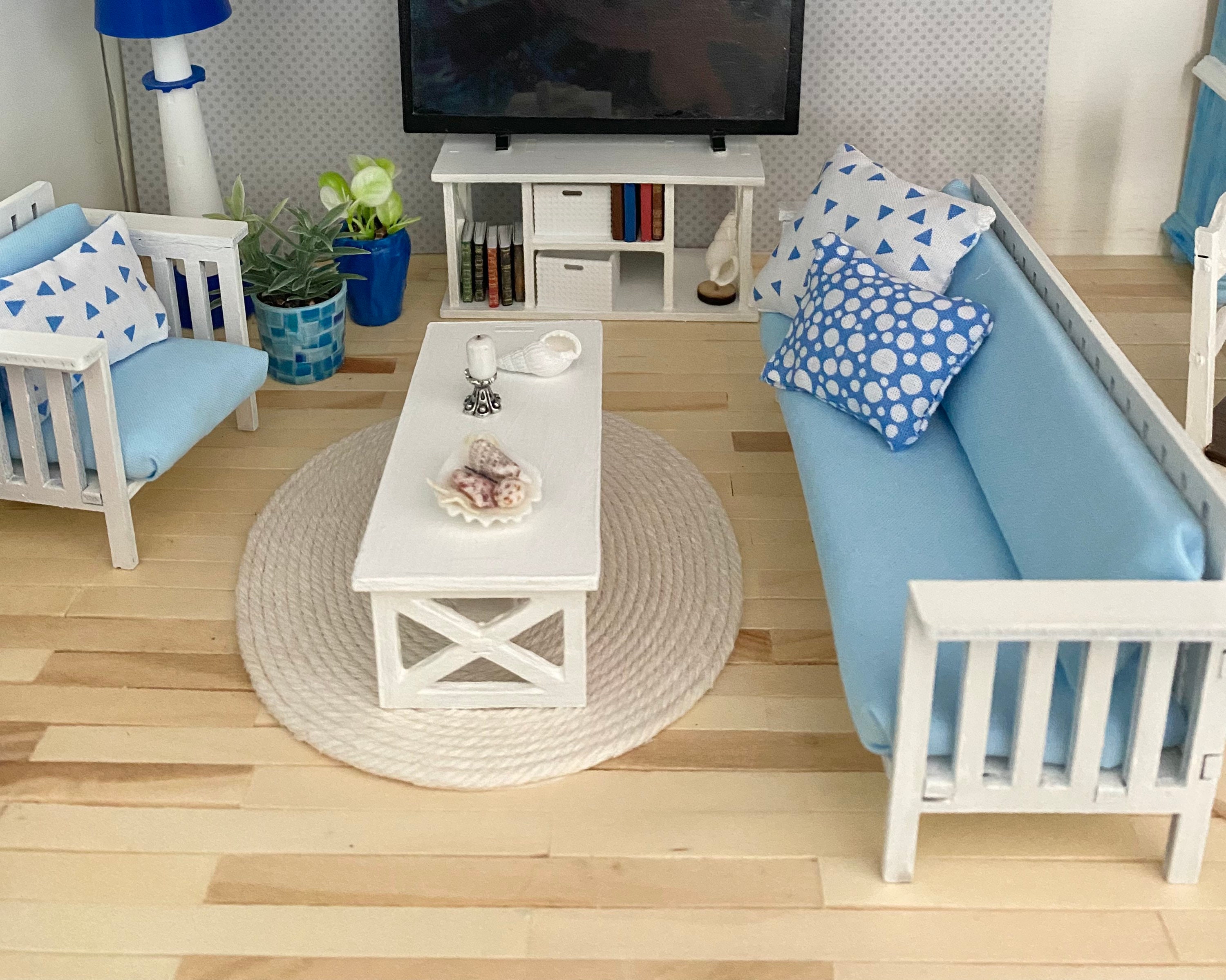 Puppenhaus 1:24 Miniatur Cute Wohnzimmermöbel Sofa & Couchtisch Blau 