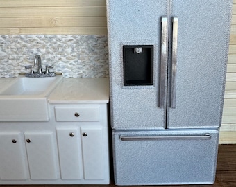 Dollhouse Refrigerator, French Door Stainless Steel Look 1:12 Scale