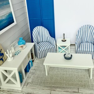 Dollhouse Furniture, Farmhouse Style Living Room,  White Furniture,  1:12 Scale