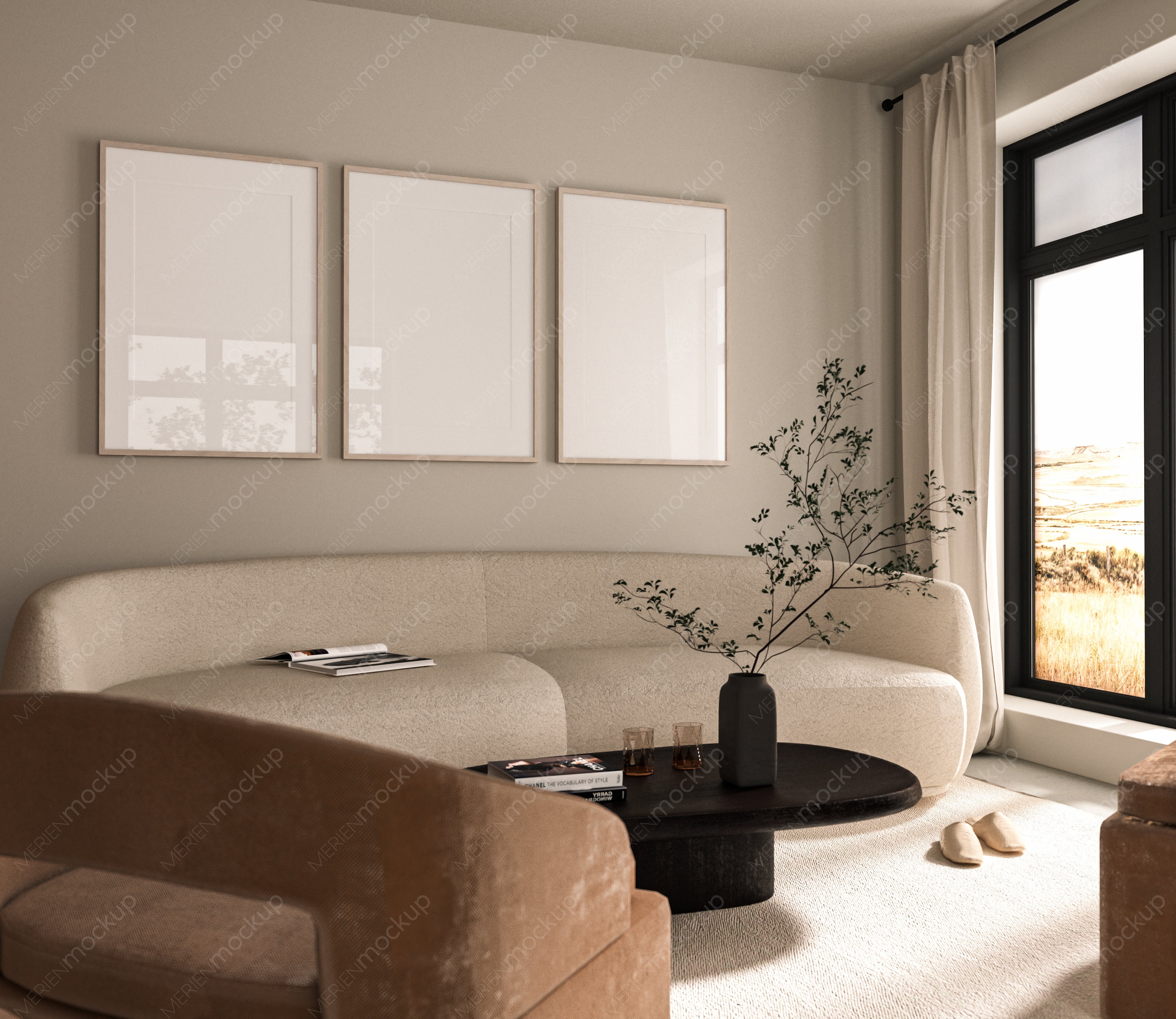 Conjunto de 3 | Maquete de moldura | Sem IA | Exibição de arte | Horizontal | PSD | Reflexo de vidro | Maquete de interior realista | Casa moderna