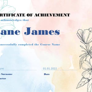 Elegant Floral Certificate of Achievement Template | Editable Word Doc |Printable Diploma Certificate for Course Completion Instant Download