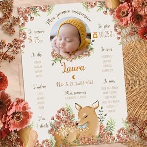 Affiche anniversaire 1 an forêt enchantée – Affiche Baptême Faon -Affiche premier anniversaire - biche - Affiche biche Affiche 1 an bébé