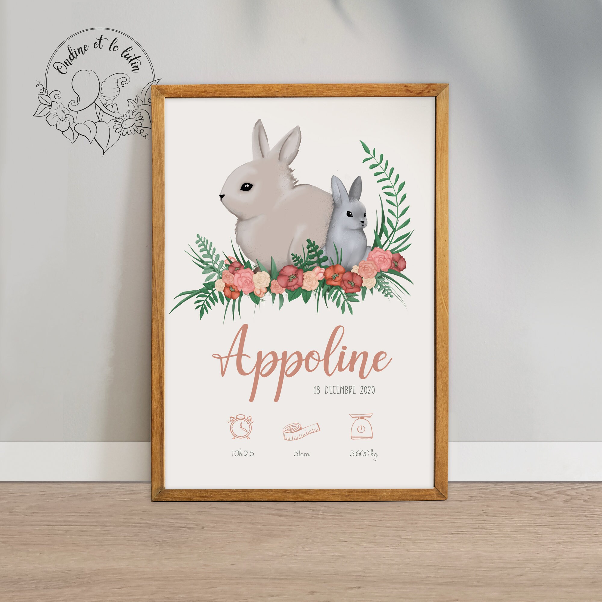 Affiche de Naissance Personnalisable Pour Bébé Thème Animaux La Foret Petits Lapins