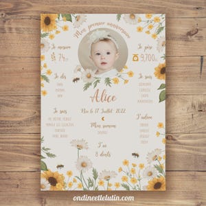 Affiche anniversaire 1 an personnalisée Fille tournesol  – -Affiche premier anniversaire champêtre - Affiche biche Affiche 1 an bébé
