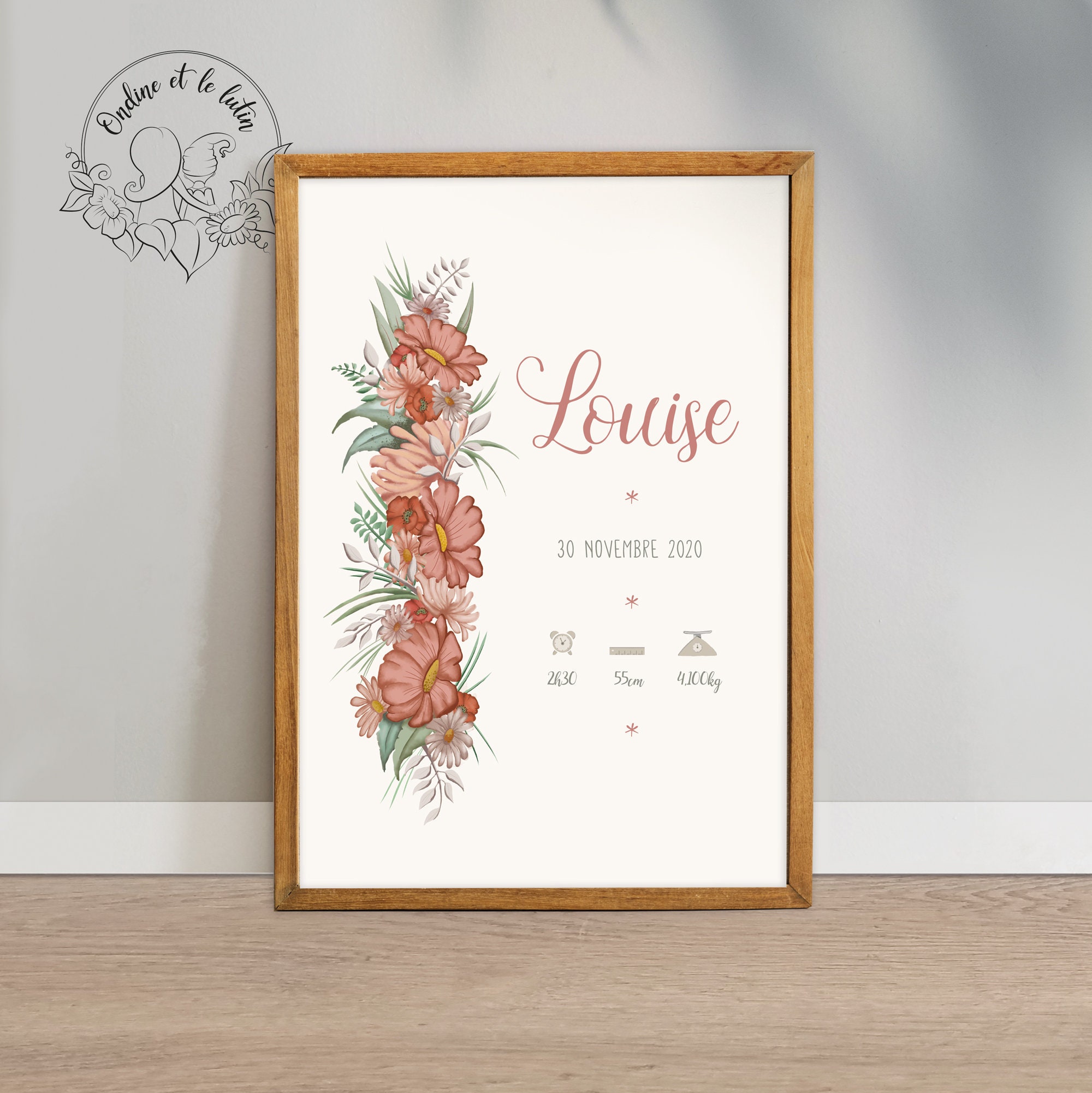 Affiche de Naissance Fleurie Personnalisable Pour Bébé Fille