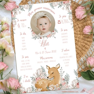 Affiche anniversaire 1 an fille faon rose – Affiche Baptême Faon rose -Affiche premier anniversaire personnalisée bébé fille