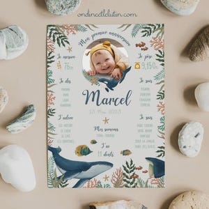 Affiche anniversaire 1 an personnalisée animaux marin  – -Affiche premier anniversaire baleine - Affiche 1 an bébé
