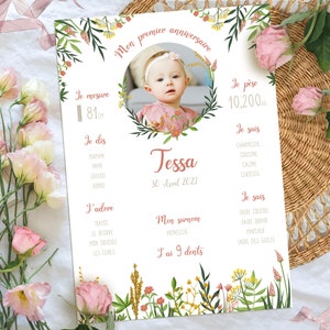 Affiche anniversaire 1 an - Affiche anniversaire photo - Affiche Baptême fille fleurs- affiche 1 an bébé - affiche premier anniversaire