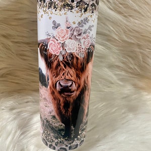 Highland cow leopard print 20oz insulated tumbler. Can also be personalized with name. Example in photos.