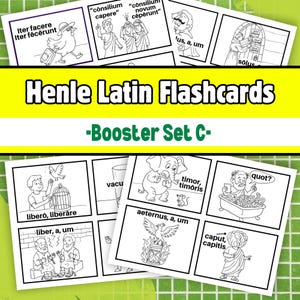May include: A set of Henle Latin Flashcards, Booster Set C, featuring black and white illustrations and Latin vocabulary words. The cards display various images with corresponding Latin terms, ideal for language learning.