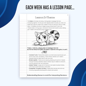 Puede incluir: Una ilustraci&oacute;n en blanco y negro de un gato con ojos grandes y una expresi&oacute;n sorprendida. El texto "Lesson 2-Theme" est&aacute; en la parte superior de la p&aacute;gina. El texto "Theme = Central, unifying idea or message that the author/screenwriter/game developer explores throughout a work." est&aacute; debajo del gato. El texto "FACT" est&aacute; en una casilla de verificaci&oacute;n debajo del texto. El texto "Universal Truths - Themes often explore universal human experiences, such as love, loss, power, and identity. These themes resonate with readers because they can relate them to their own lives." est&aacute; debajo de la casilla de verificaci&oacute;n. El texto "Broad or specific - Themes can be explicitly stated by the author or implied through the story's elements. Implicit themes require readers to interpret the text and draw their own conclusions." est&aacute; debajo del texto anterior. El texto "Multiple Themes - A single work of literature can explore multiple themes, which may be interconnected or stand alone." est&aacute; debajo del texto anterior. El texto "Development Throughout the Story - Themes often develop and evolve as the story progresses, becoming more complex and nuanced." est&aacute; debajo del texto anterior. El texto "Understanding themes is crucial for interpreting literature." est&aacute; en la parte inferior de la p&aacute;gina.