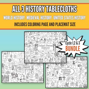 Pode incluir: Um conjunto de três toalhas de mesa com temas históricos, incluindo História Mundial, História Medieval e História dos Estados Unidos. Cada toalha de mesa apresenta ilustrações detalhadas em preto e branco e inclui uma página para colorir e um tamanho de placemat. O conjunto é rotulado como "Cycle 1,2 & 3 BUNDLE".