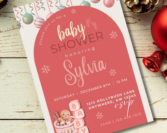 May include: A baby shower invitation in red and white, featuring the text "baby shower honoring Sylvia". The invitation includes the date and time, along with snowflake and baby-themed graphics.
