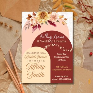 Falling in Love Bridal Shower Invitation, Falling Leaves and Wedding Dreams, Fall Theme Bridal Shower, Fall Bridal Shower Invitations, Fall