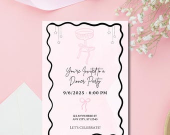 Pink Dinner Party Invitation, Girly Bows (Digital Download)