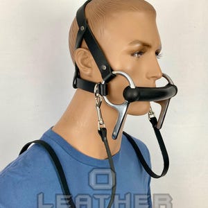 May include: Black leather gag with a metal bit and straps. The gag features a padded mouth piece and is attached to a head strap and shoulder straps. The word "LEATHER" is printed in white at the bottom of the image.