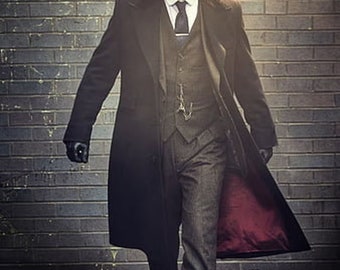 Czarny długi wełniany płaszcz męski Peaky Blinders | Długi trencz Thomas Shelby | Vintage Gothic Cosplay zimowa odzież wierzchnia płaszcz wełniany