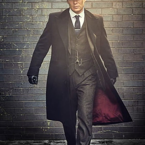 Herren Peaky Blinders Schwarzer langer Wollmantel |Thomas Shelby Langer Trenchcoat | Vintage Gothic Cosplay Winter Outwear Mantel Wollmantel