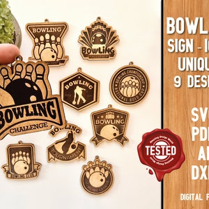 May include: Nine different laser cut wooden bowling sign designs. Each design features a bowling ball and pins with text such as "Bowling Challenge", "Bowling Tournament", and "Bowling Club".