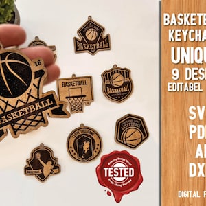 Basketbal sport sleutelhanger en magneet / lasergesneden digitaal bestand / Glowforge sleutelhanger digitale download SVG Pdf Dxf bundel, lasergesneden sleutelhanger