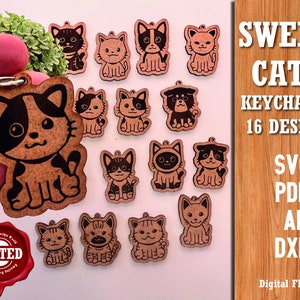 Conjunto de chaveiros infantis com personagens de gatos doces, conjunto de 16 designs incríveis, arquivos Svg de corte a laser, arquivos Glowforge, toons de gravação Svg