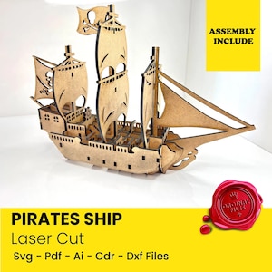 Vettore di visualizzazione tagliato al laser della nave dei pirati Facile da tagliare, conservare, espositore in piedi File Dxf Svg per il piano dello scaffale del router CNC Glowforge Circut