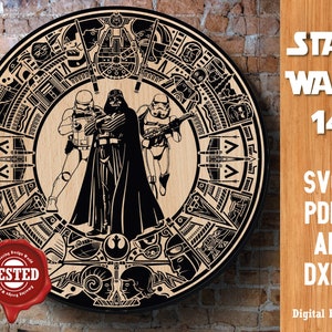 May include: A black and white digital illustration of Star Wars characters, including Darth Vader, Stormtroopers, and a TIE fighter, arranged in a circular pattern. The design is set against a woodgrain background. The text "STAR WARS 14" is visible in the upper right corner of the image. The text "SVG PDF AI DXF Digital FILES" is visible in the lower right corner of the image.