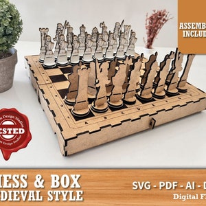 Chess game wood laser cut chess pieces v5 Wooden with Box Laser cut cnc vector template Laser pattern chess pieces pattern Chess board svg