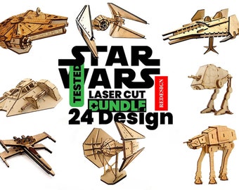 May include: A set of 24 laser cut Star Wars ship and vehicle designs. The designs are made of wood and are ready to be assembled. The designs include the Millennium Falcon, X-Wing, TIE Fighter, AT-AT, and more.