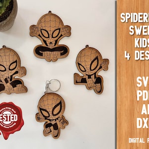 Lot de 4 porte-clés Spiderman Sweet Chibi aimantés, ensemble de 4 modèles Svg de fichiers découpés au laser au design incroyable, fichiers Glowforge, gravure Svg