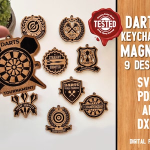 Lot de 9 porte-clés sports fléchettes aimantés, ensemble de 9 modèles Svg de fichiers découpés au laser au design incroyable Fichiers Glowforge Gravure Svg