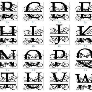 Peut inclure: Un ensemble de 26 lettres de monogramme divisées en métal noir avec des motifs floraux décoratifs. Chaque lettre a une ligne horizontale au milieu pour ajouter une deuxième lettre ou un nom.