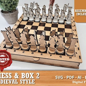Chess game laser cut chess pieces v2 Wooden with Box Laser cut cnc vector template Laser pattern chess pieces pattern Chess board svg
