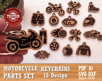 May include: A set of 16 motorcycle keychain designs, including a motorbike, helmet, goggles, gloves, jeans, spanner, and more. The designs are laser cut from wood and are available as digital files in PDF, AI, SVG, and DXF formats.