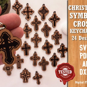 May include: A set of 24 digital files for creating Christian symbol cross keychains. The designs include various styles of crosses, all in black and white. The files are available in SVG, PDF, AI, and DXF formats.