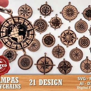 Campas sleutelhanger magneet set bundel 21 geweldig ontwerp Lasergesneden bestand Svg-sjablonen Glowforge-bestanden, lasergesneden gravure