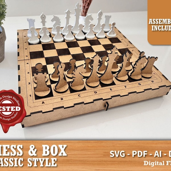 Chess Game Laser Cut Chess Pieces V4 Wooden With Box Etsy