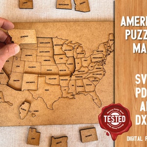 Amerika Holzpuzzle - Puzzle USA - Landkarte USA - Puzzle Montessori Puzzle US Karte Lernspielzeug lernen und lehren svg pdf Ai Laser Cut