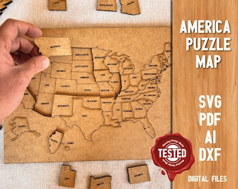 America Wooden Puzzle - USA Map - Jigsaw Puzzle - Montessori Puzzle US Map Puzzle Educational toy learning and teaching Svg Pdf Ai Laser Cut